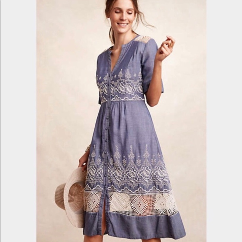 Anthropology Embroidered button down dress